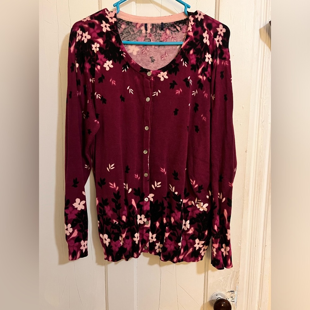 Basic Editions Women's Cardigan Sweater Size 1X Floral Cotton purple
